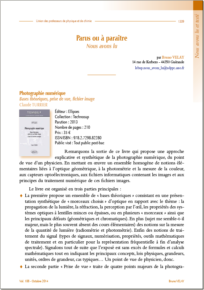 Commentaires (page1) de l'Union des professeurs de physique et de chimie (UdPPC) sur le livre  Photographie numérique, de Claude Turrier